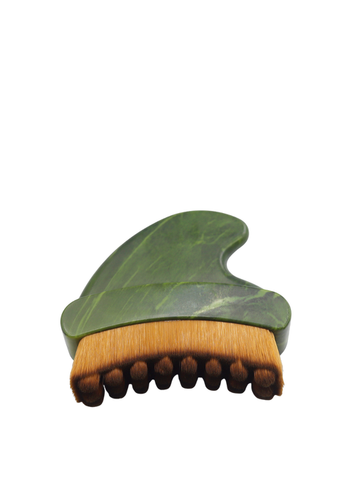 Gua Sha Dry Brush with green stone handle and soft bristles